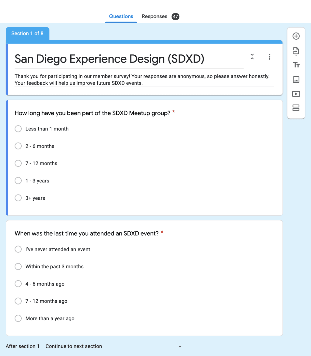 Member survey form used to collect feedback and understand community needs